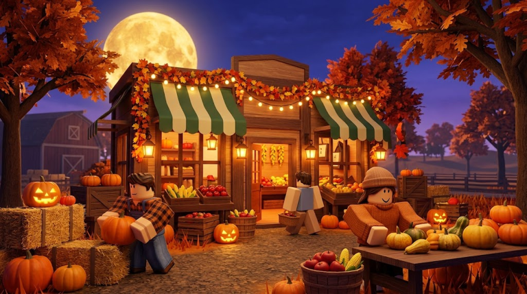 A farmer in overalls hands a crate of fresh vegetables to a customer outside the farmstead shop in Run Your Own Farmstead.
