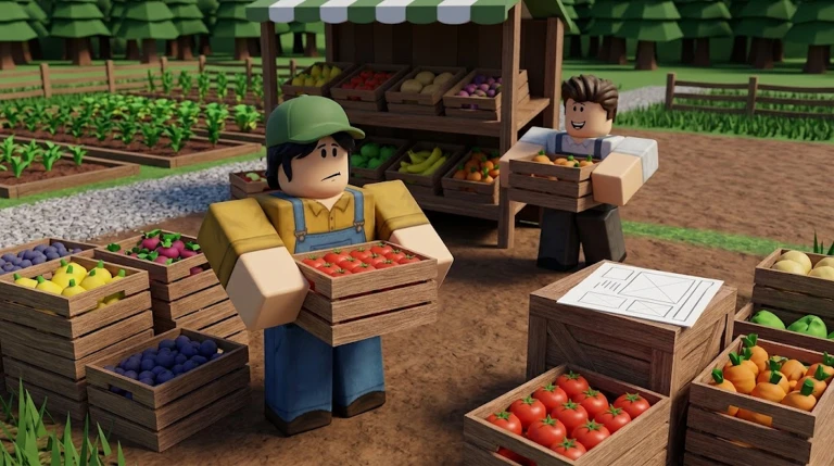 Farm stand and characters carrying produce crates in Run Your Own Farmstead
