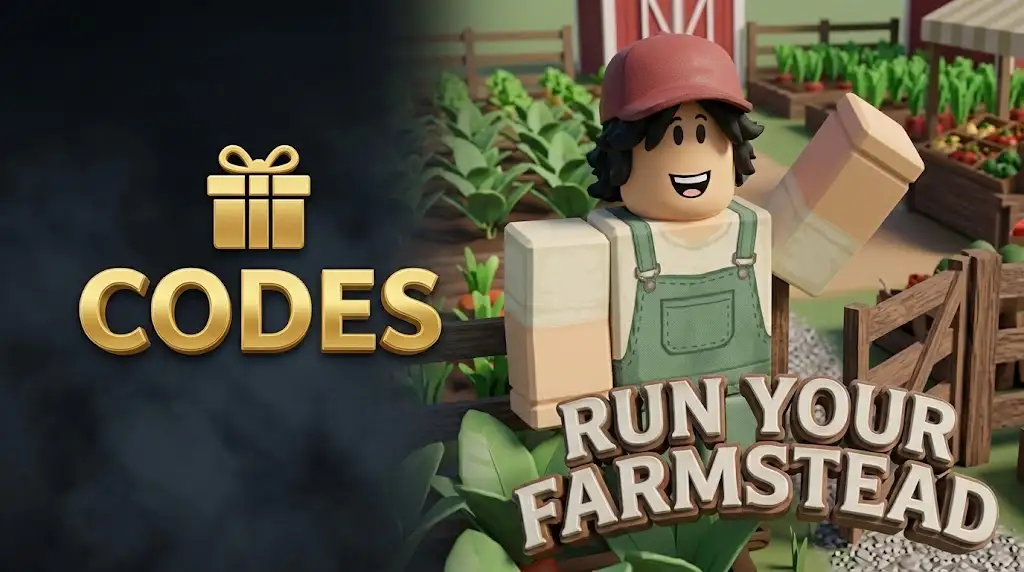 Promotional art for Run Your Own Farmstead showing a farmer character waving in front of a decorated farmstead