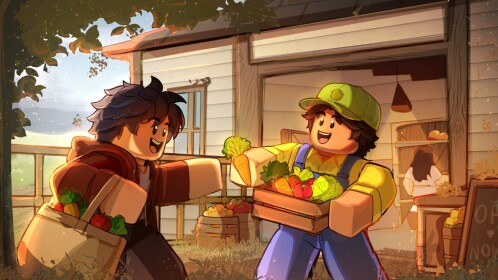 Run Your Own Farmstead artwork of a character carrying a crate of fresh vegetables